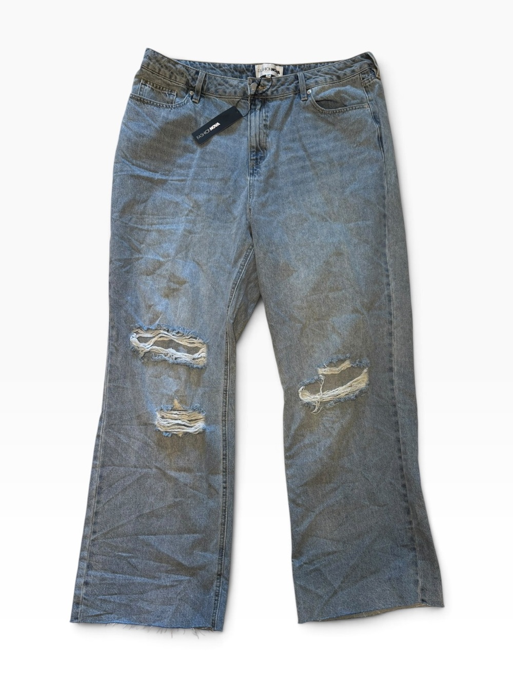 Fashion Nova Men's Light Blue Distressed Bootcut Jeans